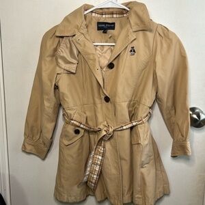 Little girls stylish tan hooded jacket tie waist Teenie weenie size small 6/8